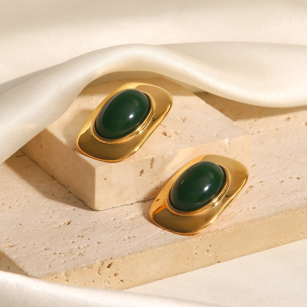 Cabochon d’Émeraude Earrings - 18k Gold Plated Jewelry Switzerland